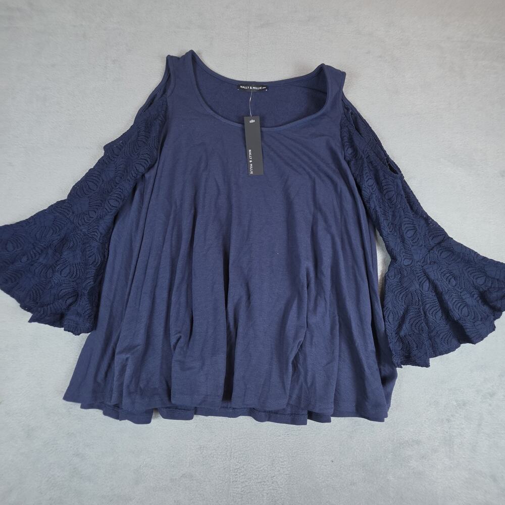 🔥 Nally & Millie Cold Shoulder Top Lace Bell Sleeve Navy Boho USA S